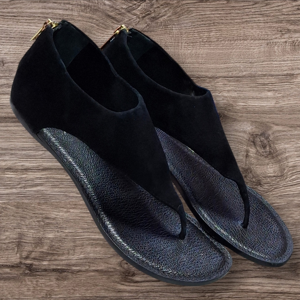Tory Burch Black Leather Gladiator Heel Zipper Flat Thong Sandals Women Size 7.5 - Picture 4 of 16